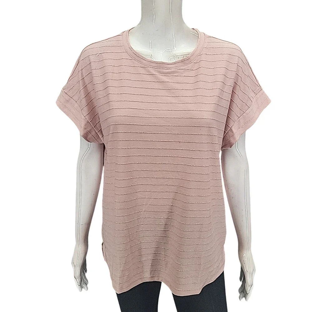Ellen Tracy Women's Top X-Large Size Pink Short Sleeves Blouse w Glitter Stripes
